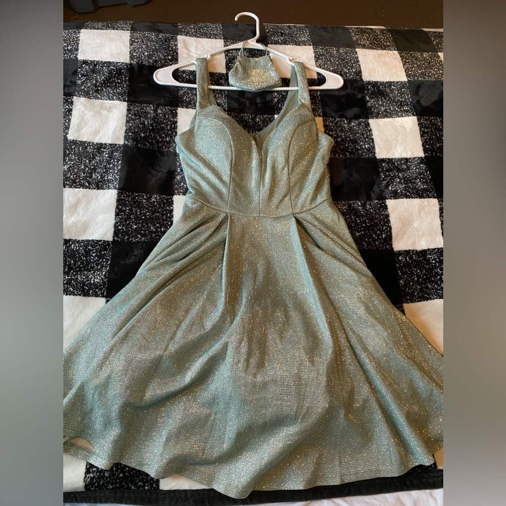 Silver short v line sparkly hoco dress